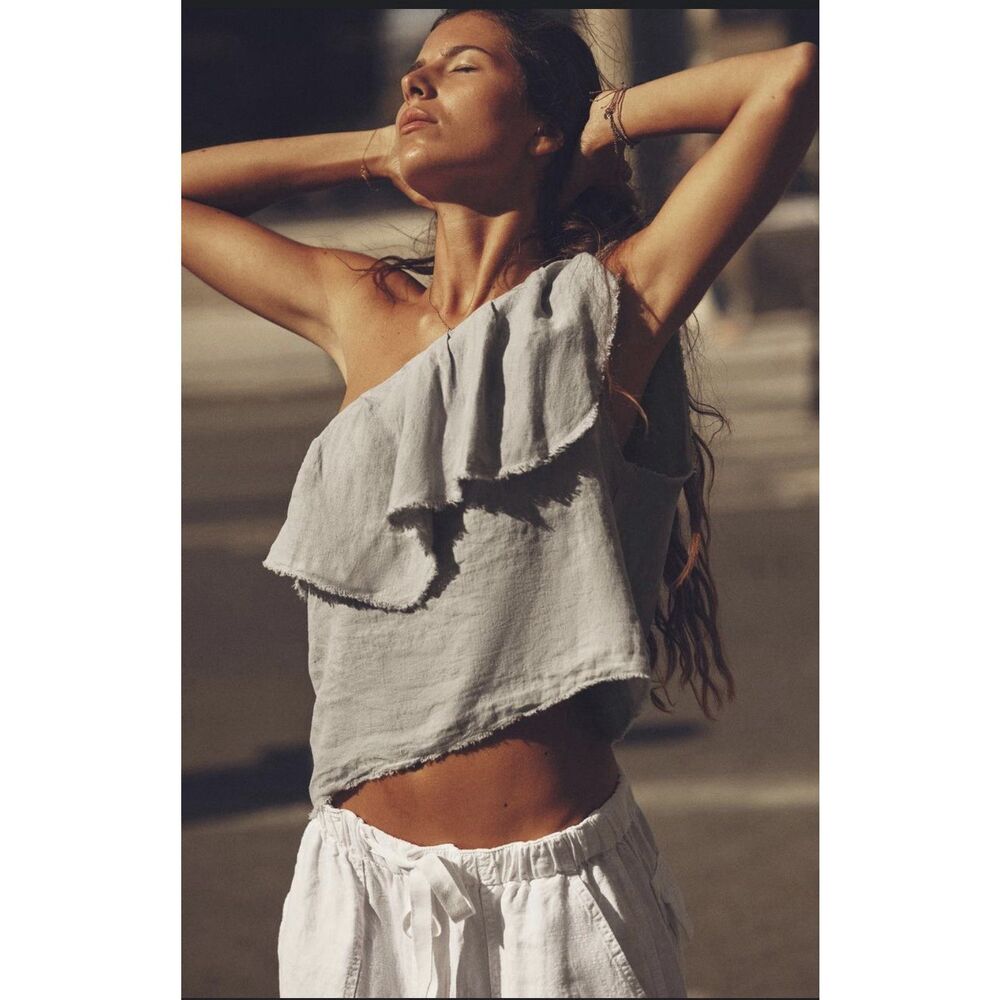 Zara Light Gray One-Shoulder Ruffle Linen Top